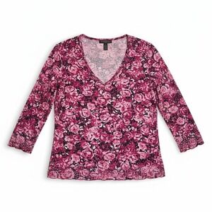 Vintage Express Large Y2K 90s Mesh Sheer Top Pink Floral Roses Glitter Rave